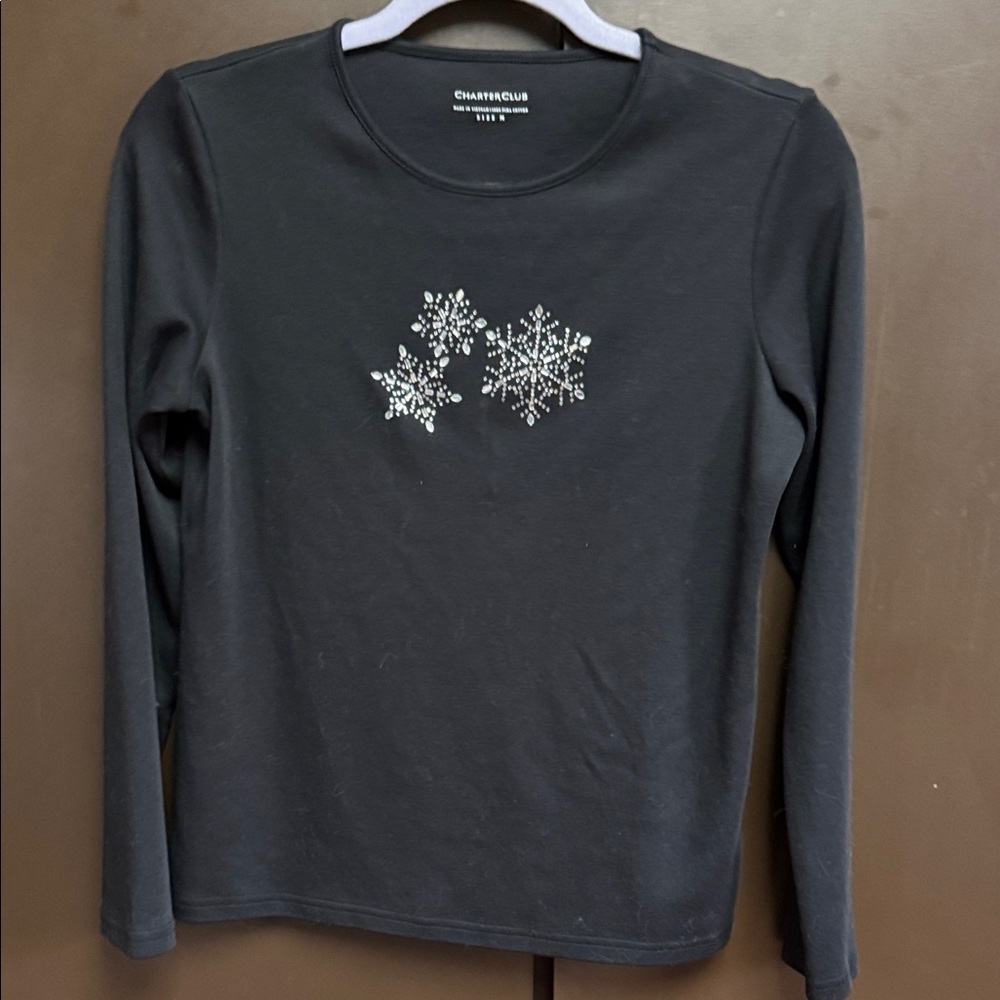 Charter Club Black Top with Glitter Snowflakes